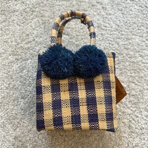 Shebobo Straw Woven Check Pom-Pom Tote Bag - Navy & Natural
